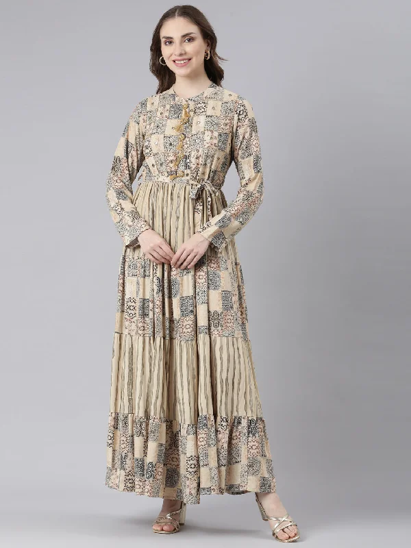 Classic Items Neerus Beige Viscose Rayon Curved Casual Geometric Maxi Dresses