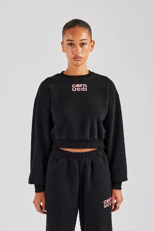 Soft Wear Glitter Applique Cropped Sweatshirt - Black