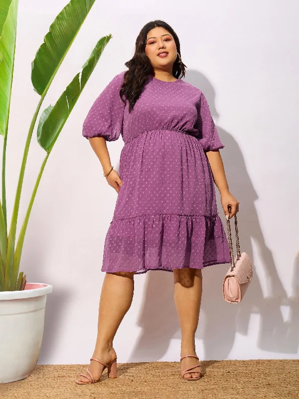 Unique Fashion Women Purple Dobby Puff Sleeve Skater Dress