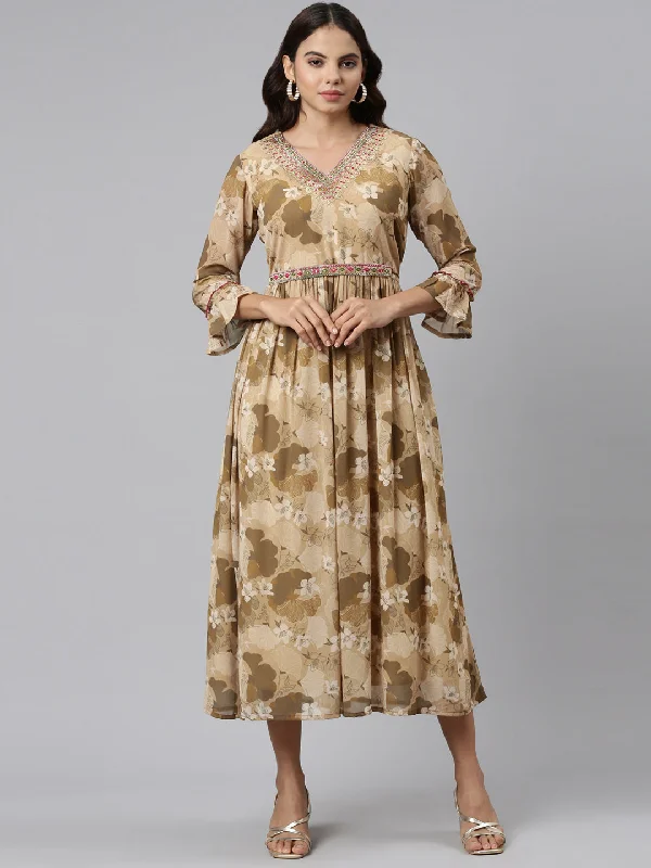 Elegant and noble Neeru's Beige Straight Casual Printed Maxi Dresses