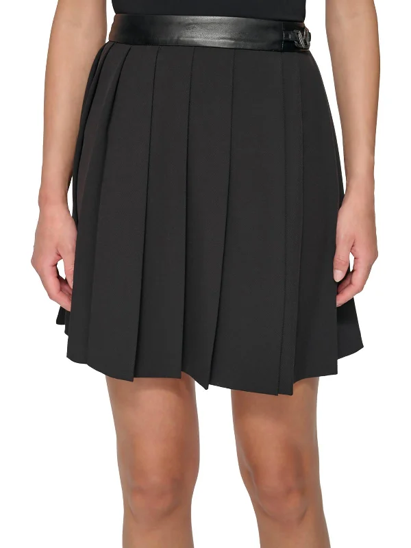 Unique Fashion Womens Faux Leather Trim Knit Pleated Skirt