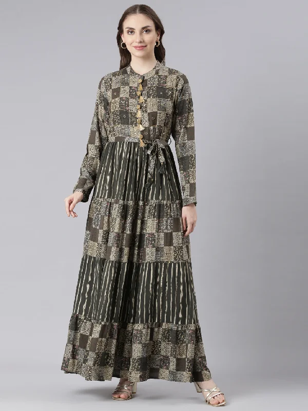 Economic Outlook Neerus Olive Viscose Rayon Curved Casual Geometric Maxi Dresses.