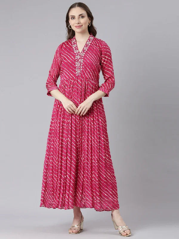 Editorial Design Neerus Pink Cotton Straight Casual Ethnic Motifs Maxi Dresses