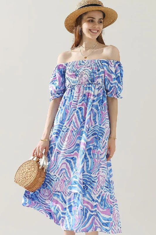 Casual And Comfortable MABLE PATTERN OFF SHOULDER FLARE MAXI DRESS