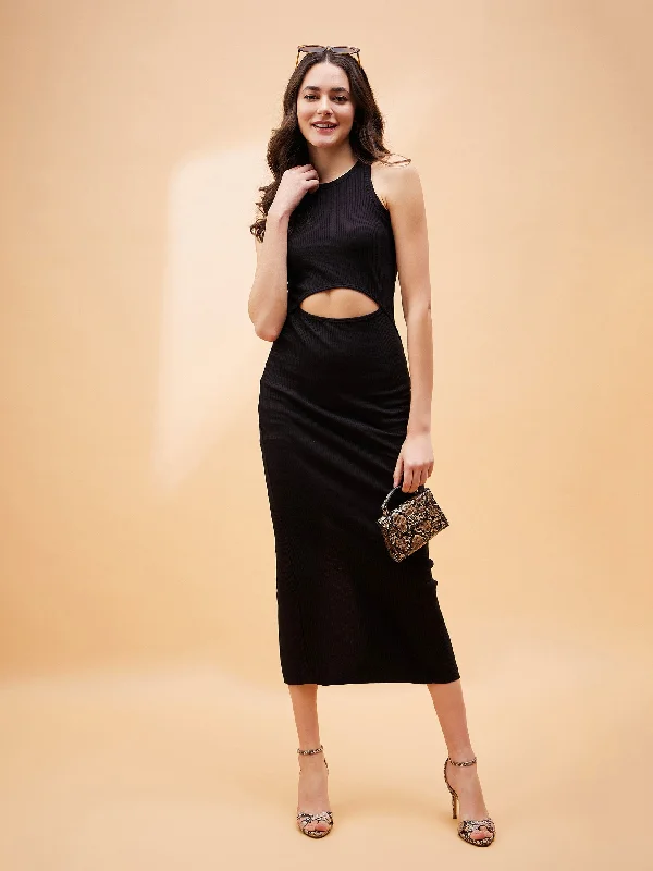 Feminine Charm Women Black Front Cut Out Rib Midi Dress