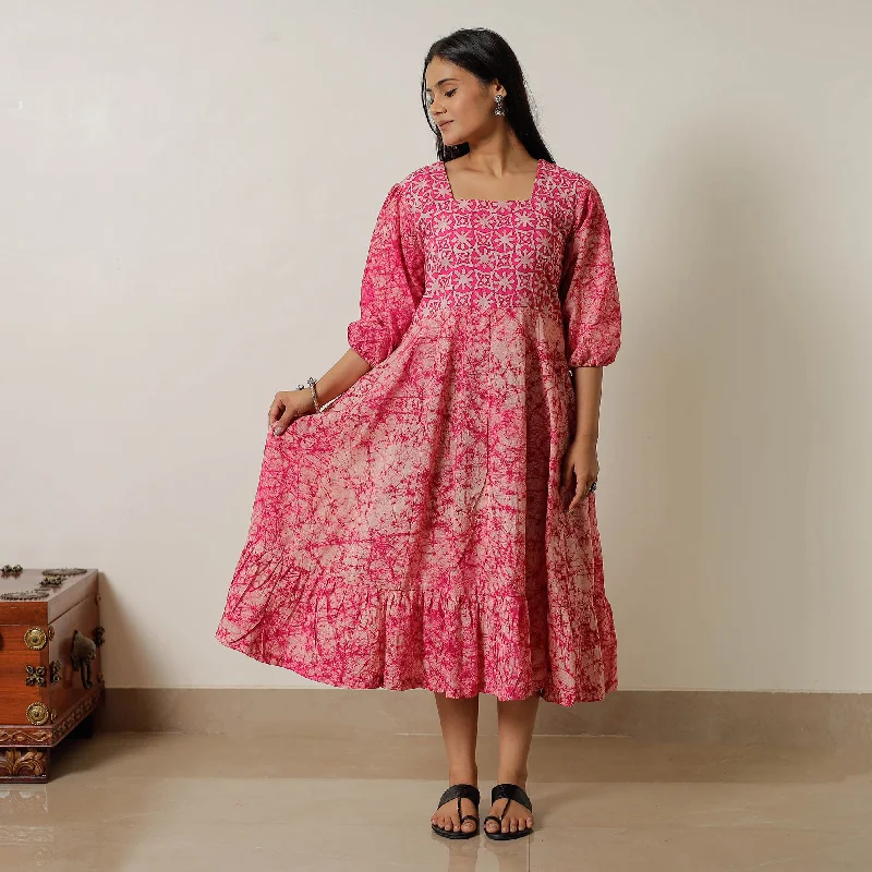 Mid-length Style Pink - Hand Batik Printed Cotton Flared Dress 02