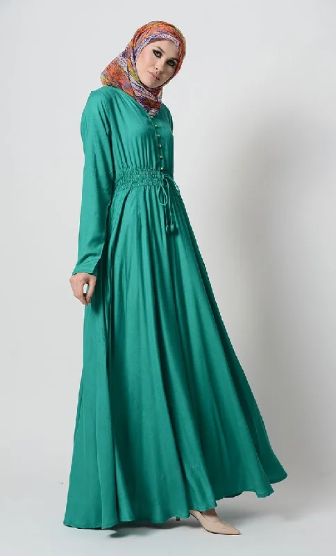 Urban Design Sense Smocking waistline and loop buttons detail casual abaya dress