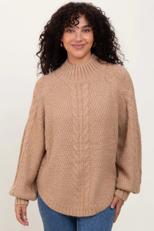 Urban Comfort Beige Mixed Chunky Cable Knit Mock Neck Sweater