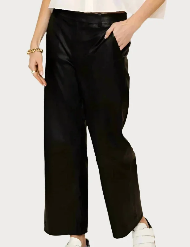 Designer Style Cropped Baggy Leather Trousers In Black