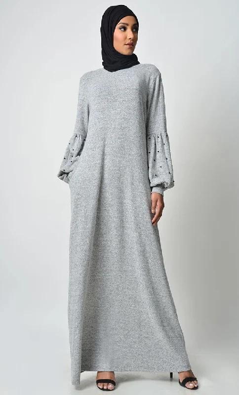 Low-key Luxury Pearl Caught Style Abaya - Grey