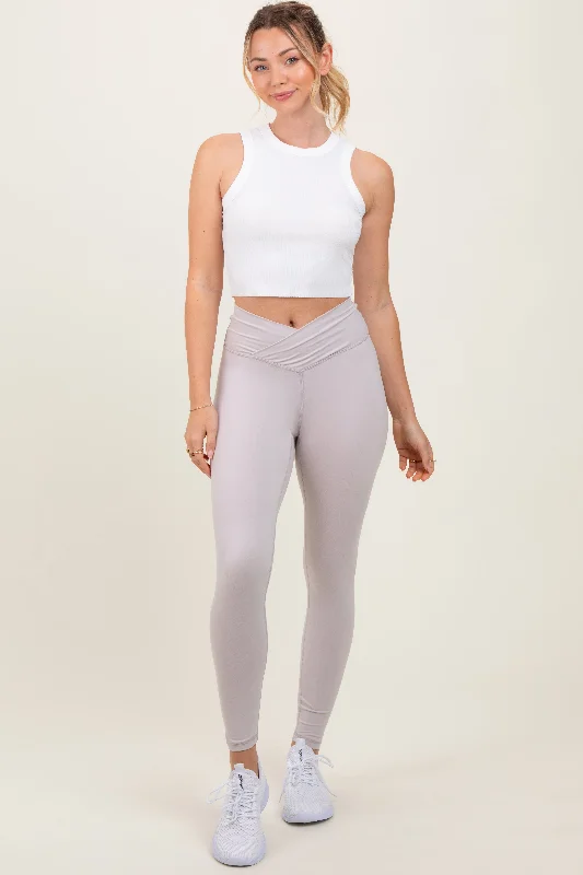 Embroidered Letters Beige Crossover Waistline Leggings