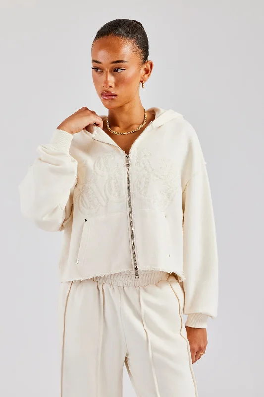 Personal Design Raw Edge Zip Through Hoodie - Off White