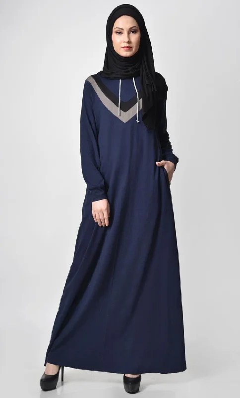 Warm Winter Series Inverted Color Contast Jersey Abaya-Navy
