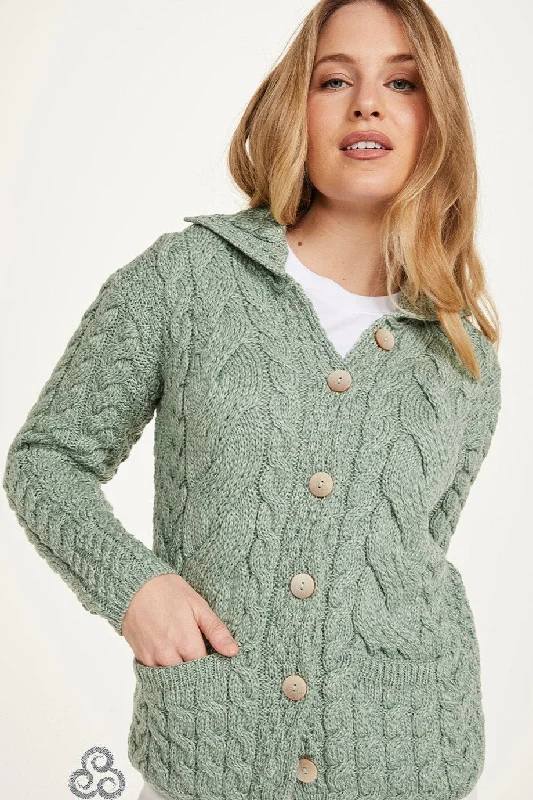 Celebrity Style Aran - Button Cable Cardigan - Light Green