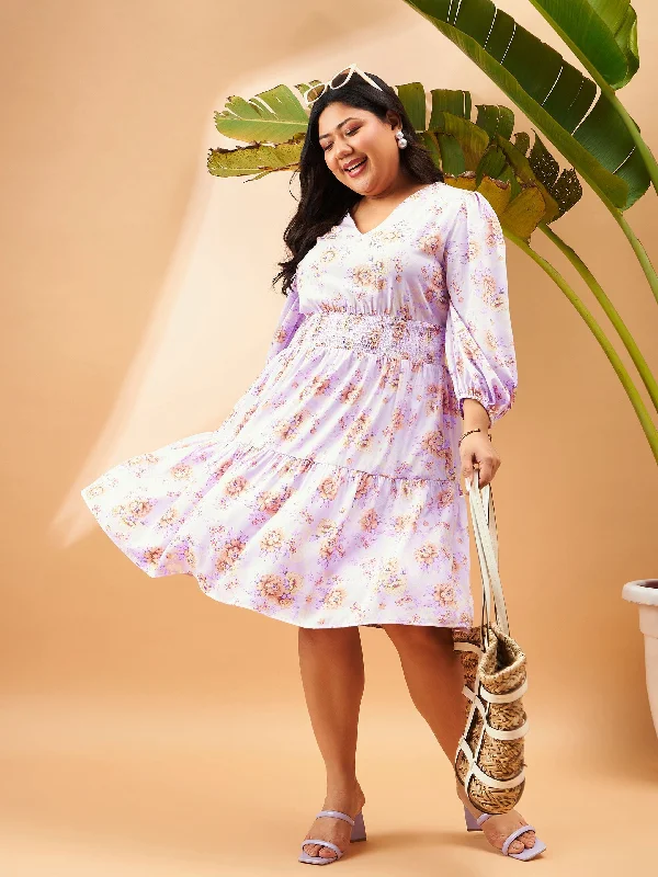 Chic Relaxation Women Lilac Floral Print Skater Dress