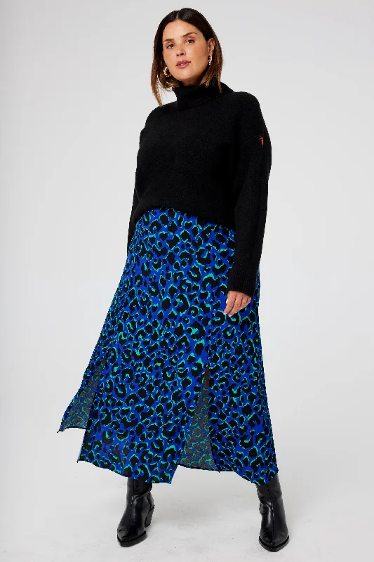 High-end Fashion Blue with Green and Black Shadow Leopard Split Front Skirt
