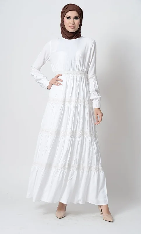 Energy Wear Fancy laced tiered  Rayon Abaya Dress-White
