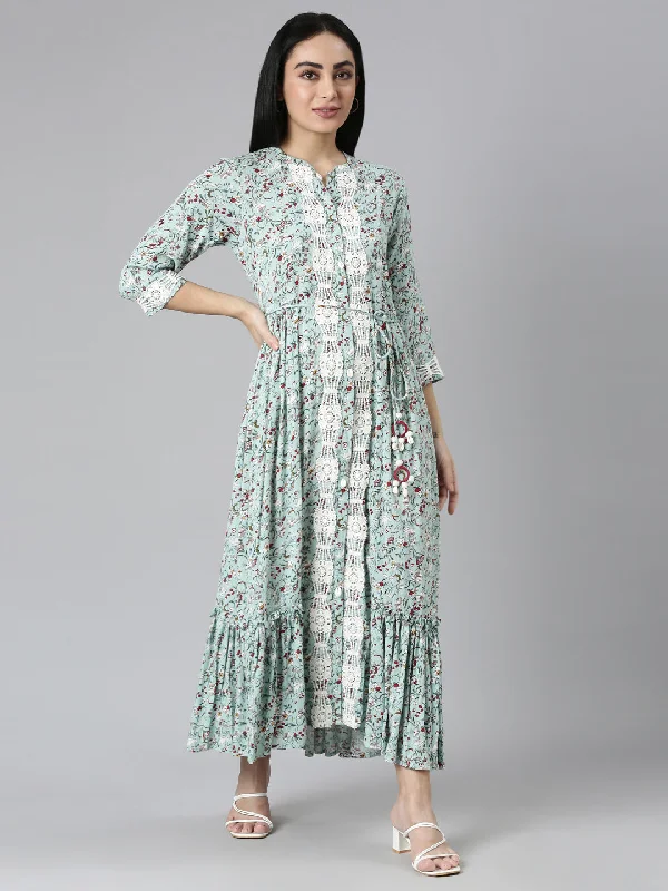 Renaissance Style Neerus Green Flared Casual Floral Maxi Dresses