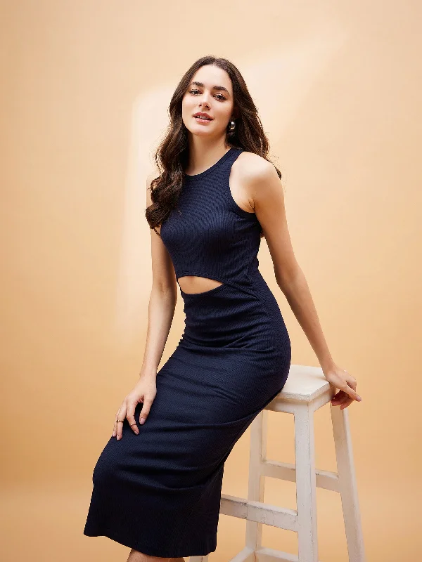Comfortable And Casual Women Navy Blue Front Cut Out Rib Midi Dress