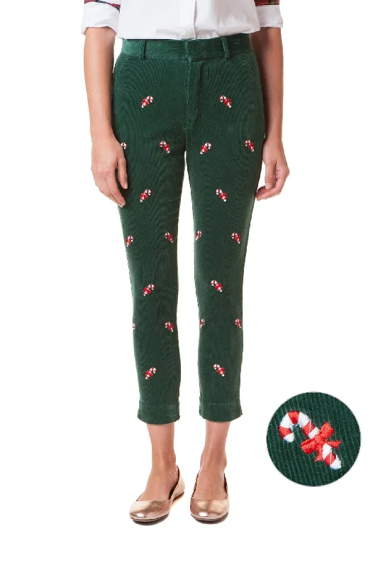 Exquisite Fabrics Beachcomber Stretch Corduroy Ankle Capri Hunter with Candy Cane