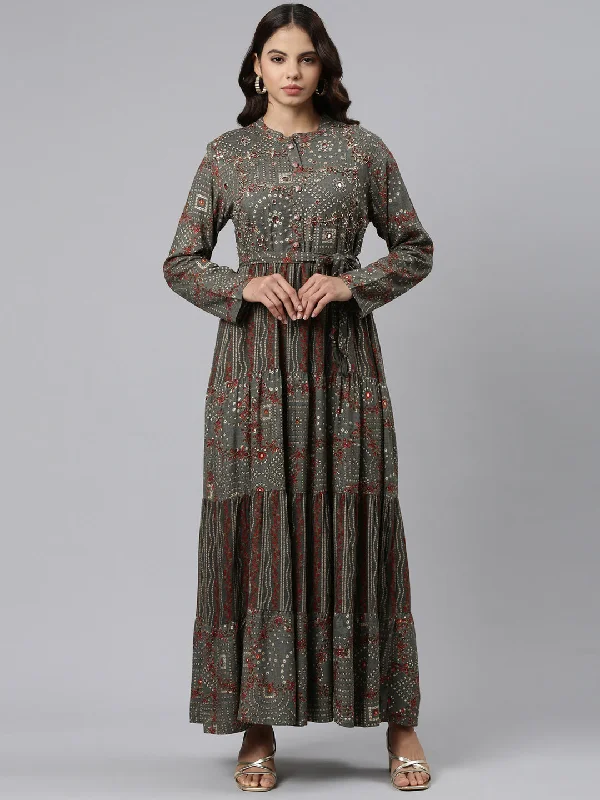 Exquisite workmanship Neeru's Grey Straight Casual Printed Maxi Dresses