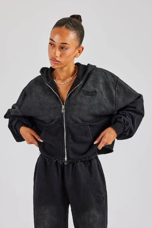 Fresh Wear Washed Boxy Fit Zip Through Hoodie - Black