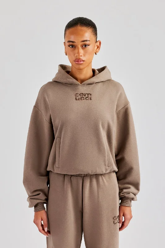 Customized Version Glitter Applique Boxy Hoodie - Taupe