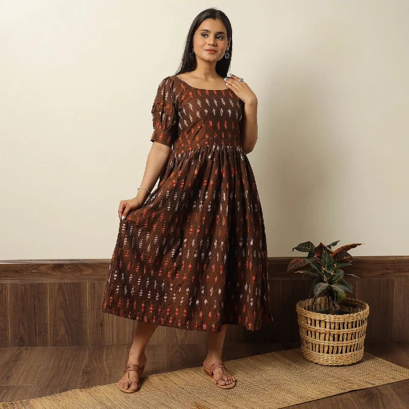 Lace Design Brown - Pochampally Ikat Weave Cotton Flared Dress 14