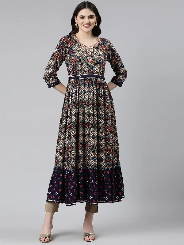 Romantic And Fresh Neeru's Navy Blue Straight Casual Printed Dress