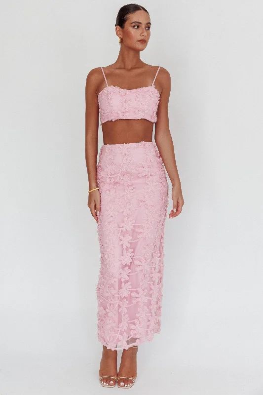 Noble And Elegant Casi Palm Tree Embroidered Maxi Skirt Baby Pink