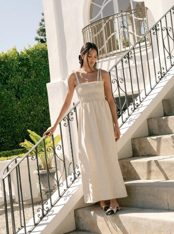 Stand-up collar design Sophie Dress - Oatmeal Linen