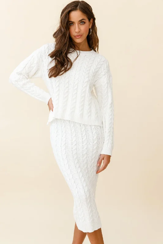 Playful Style Cozy Up Cable Knit Midi Skirt White
