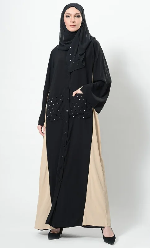 Retro Style Pearls Embroidered Contrast Panel Abaya Dress And Hijab Set