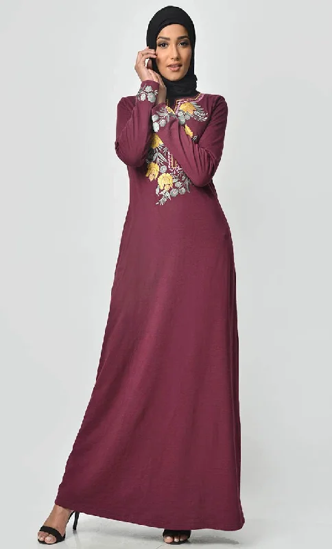 Round neck design Floral Knitted Jersey Embroidered Abaya - Maroon