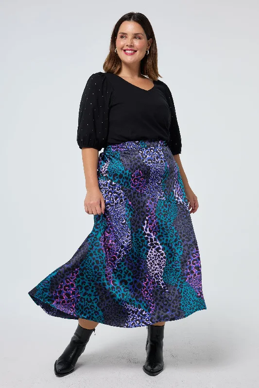 Fashion Wear Blue with Green Spliced Leopard Satin High Low Hem Skirt