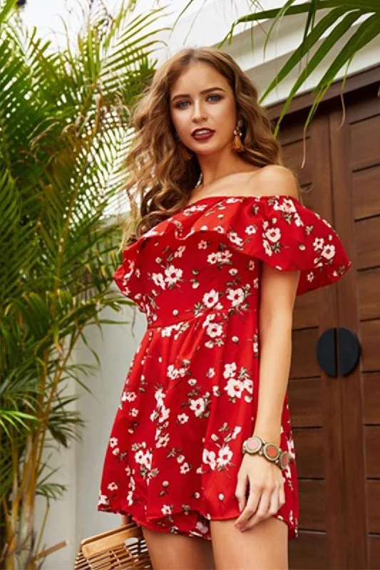 Simple Matching OFF SHOULDER FLORAL PRINTING SHORT DRESS