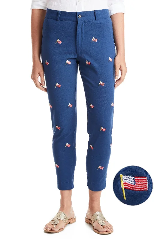 Celebrity Style Ankle Capri Stretch Twill Nantucket Navy with USA Flag