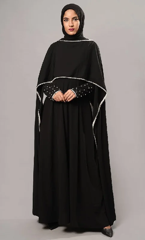 Versatile Wear Pearl Embroidered Cape Style Abaya Dress
