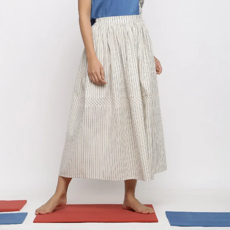 Elegant Series Off-White and Blue Striped Yarn Dyed Cotton Gathered Maxi Skirt