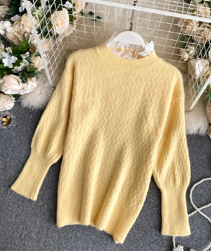 Spiritual Vitality Cute round neck lace long sleeve sweater  068