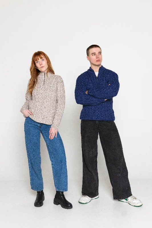 Hooded design Aran - Half Zip Sweater - Dark Blue