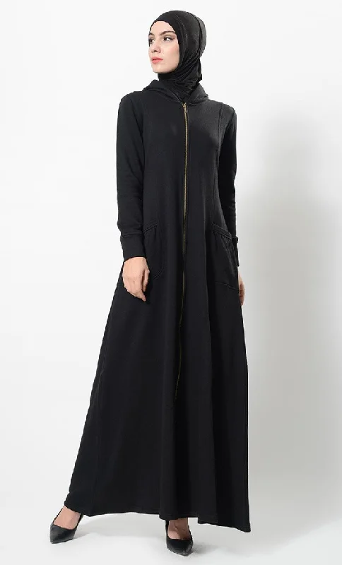 Relaxed Dresses Metallic Zipper Detail Casual Abaya Dress And Hijab Set