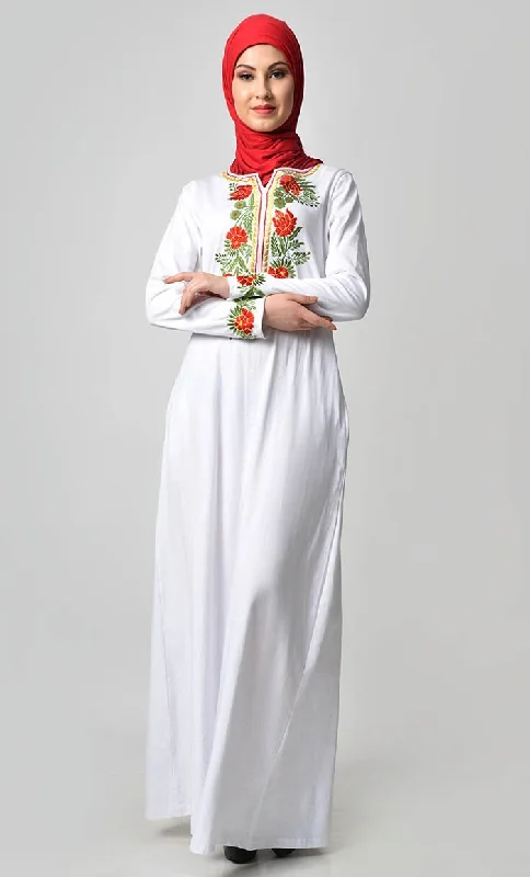 Fashionable sports Floral Knitted Jersey Embroidered Abaya - White
