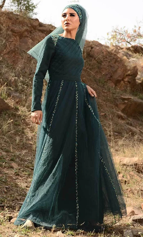 Exquisite Tailoring Walk with Class Embroidered Abaya Dress- Bottle Green