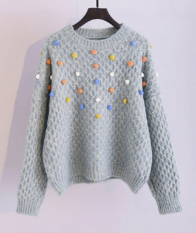 Warm Atmosphere Colorful pom poms embellished round neck chunky sweater  062