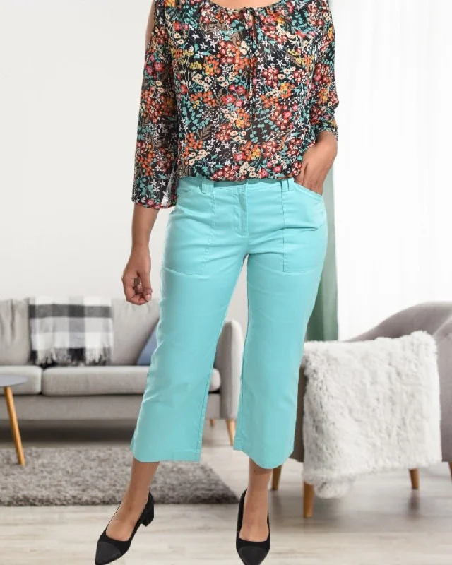 High-waisted pants style Ladies Teal Twill Capri Pants