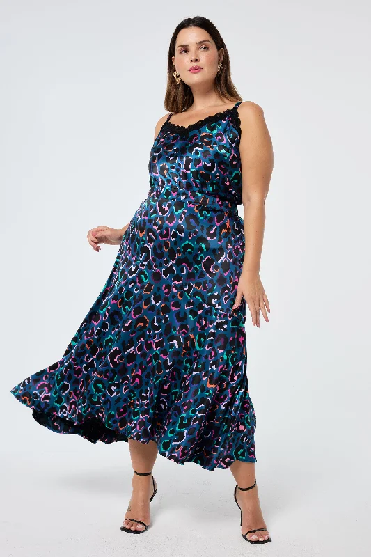 Multifunctional Style Teal with Rainbow Shadow Leopard Satin High Low Hem Skirt