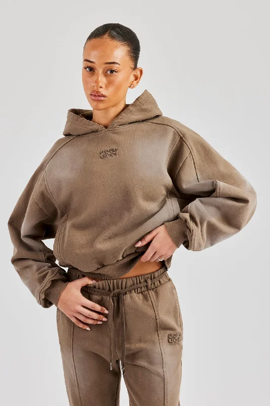 Hip-hop Style Raglan Washed Cropped Hoodie - Washed Taupe