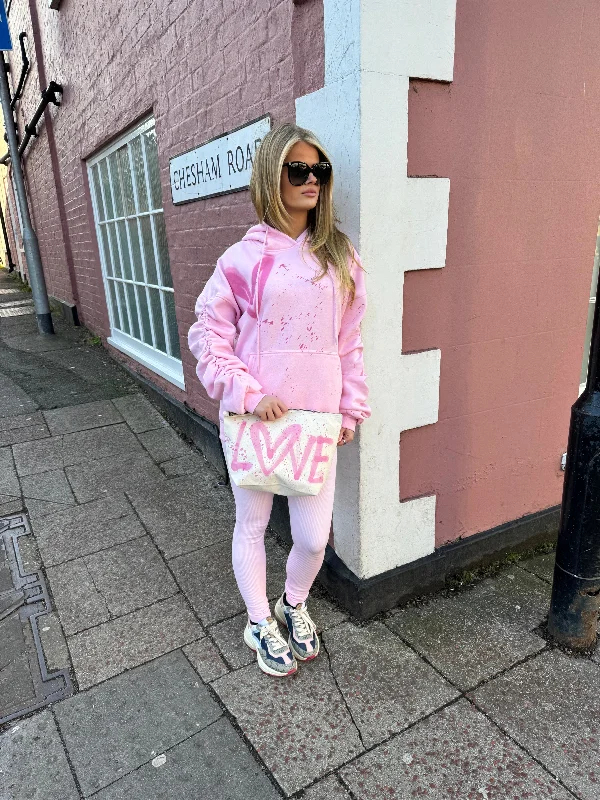 Personal Charm Pink Heart Pink Sprayed Ruched Hoodie