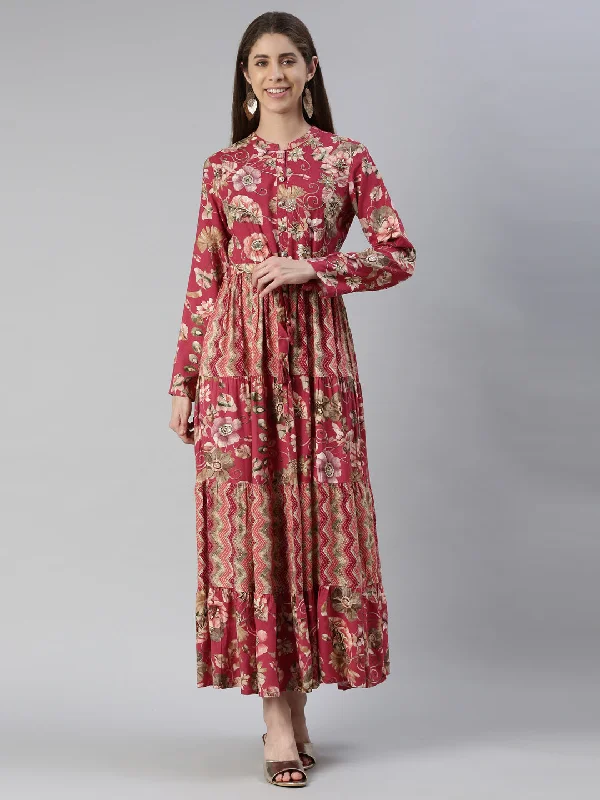 Simple And Comfortable Neeru's Magenta Maxi Casual Printed Dresses